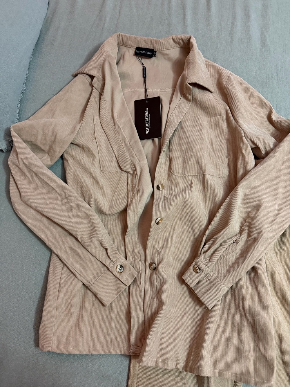 PrettyLittleThing Beige Button-Up Cord Shirt